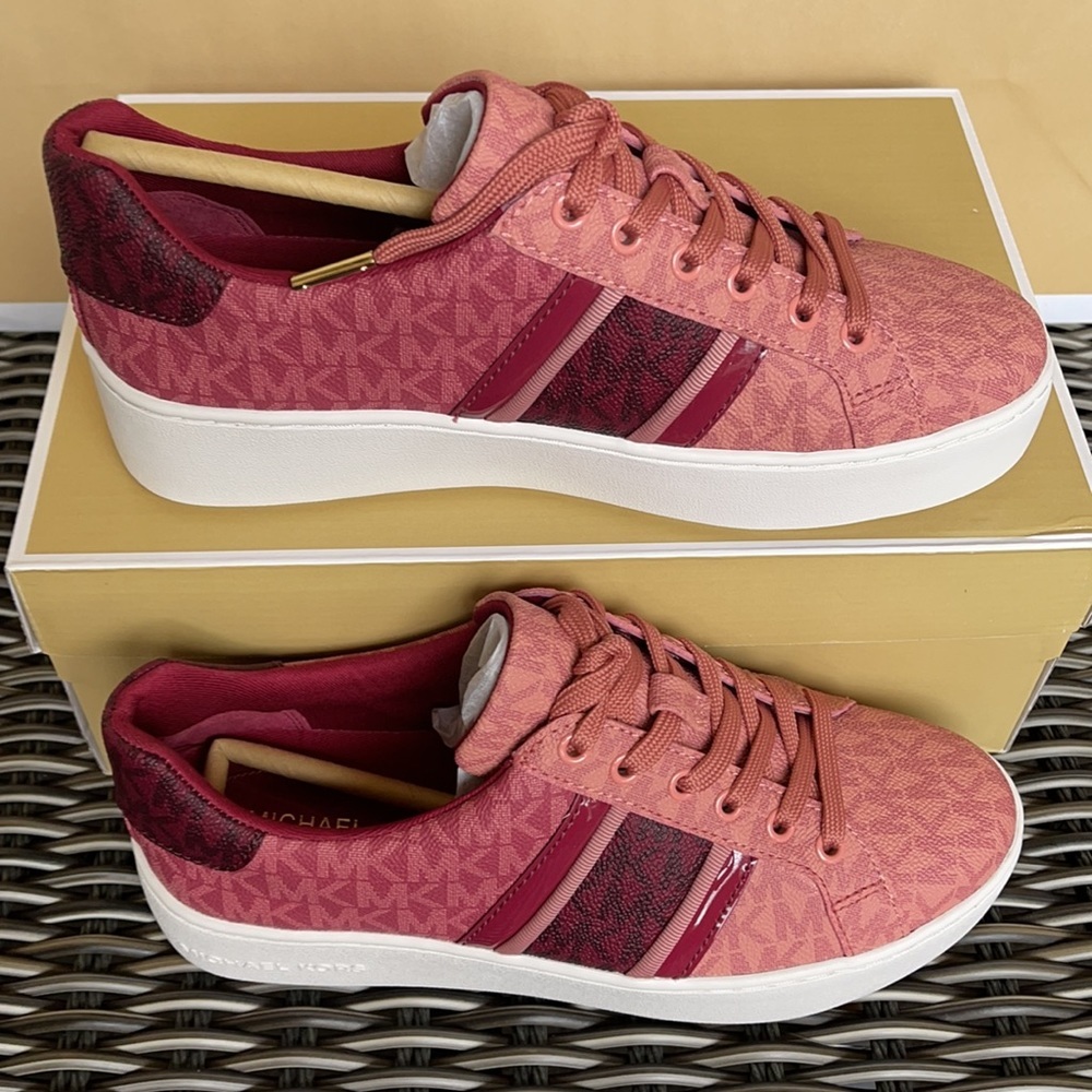 Michael Kors Poppy Stripe Lace Up MK Signature SM 49F1POFS2B Berry Multi WMNS - Picture 2 of 16